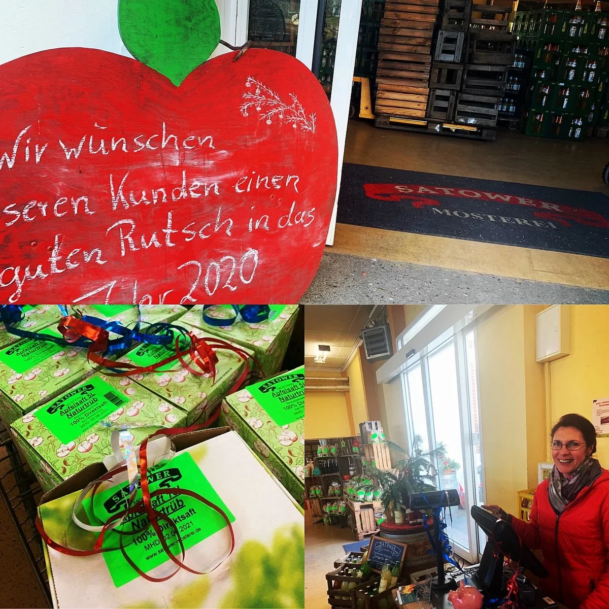 Neujahrsgruß auf einer Apfeltafel, Kisten mit Apfelsaft und die Kasse im Hofladen