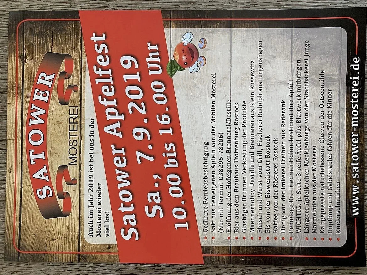 Plakat zum Satower Apfelfest 2019 mit Programmpunkten