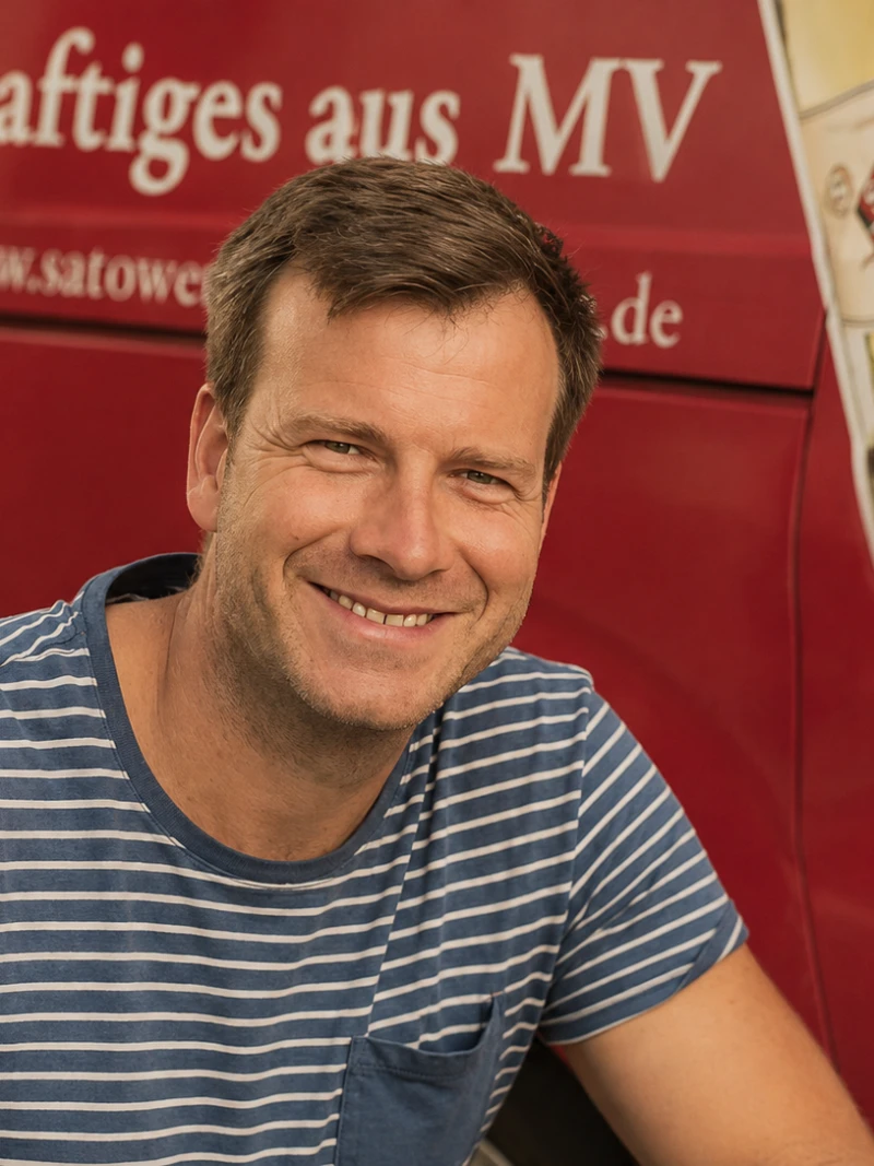 Benjamin Peters, Geschäftsführer der Satower Mosterei, vor einem Lieferwagen der Mosterei