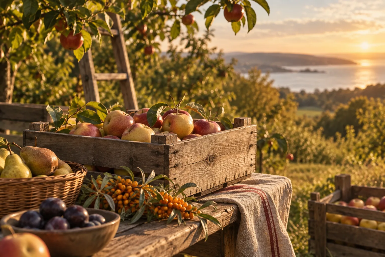 Kiste mit Äpfeln, daneben Birnen, Pflaumen und Sanddorn auf einem Holztisch im Obstgarten, Abendlicht über der Küste