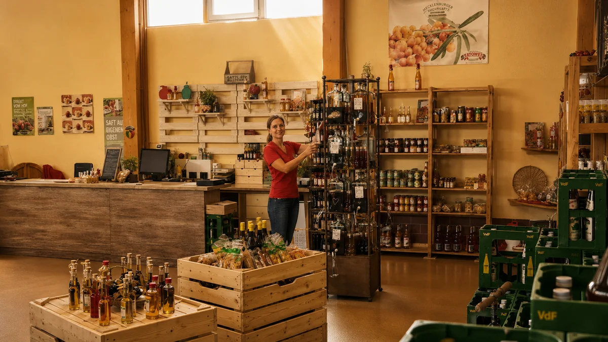 Mitarbeiterin im Hofladen der Satower Mosterei, umgeben von Säften, Spirituosen und regionalen Produkten