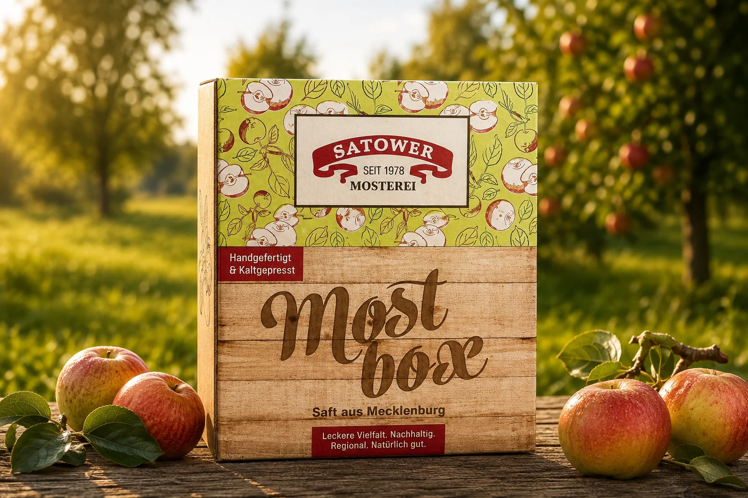 Satower Mostbox mit Apfelmotiv, davor frische Äpfel, im Hintergrund der Obstgarten