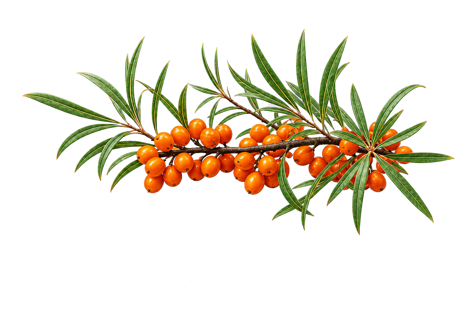 Dorniger Sanddornzweig, dicht mit orangen Beeren besetzt