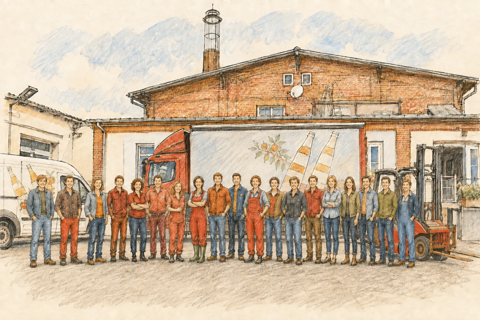 Gezeichnete Darstellung des 19-köpfigen Teams der Satower Mosterei vor dem Betriebsgebäude in Satow